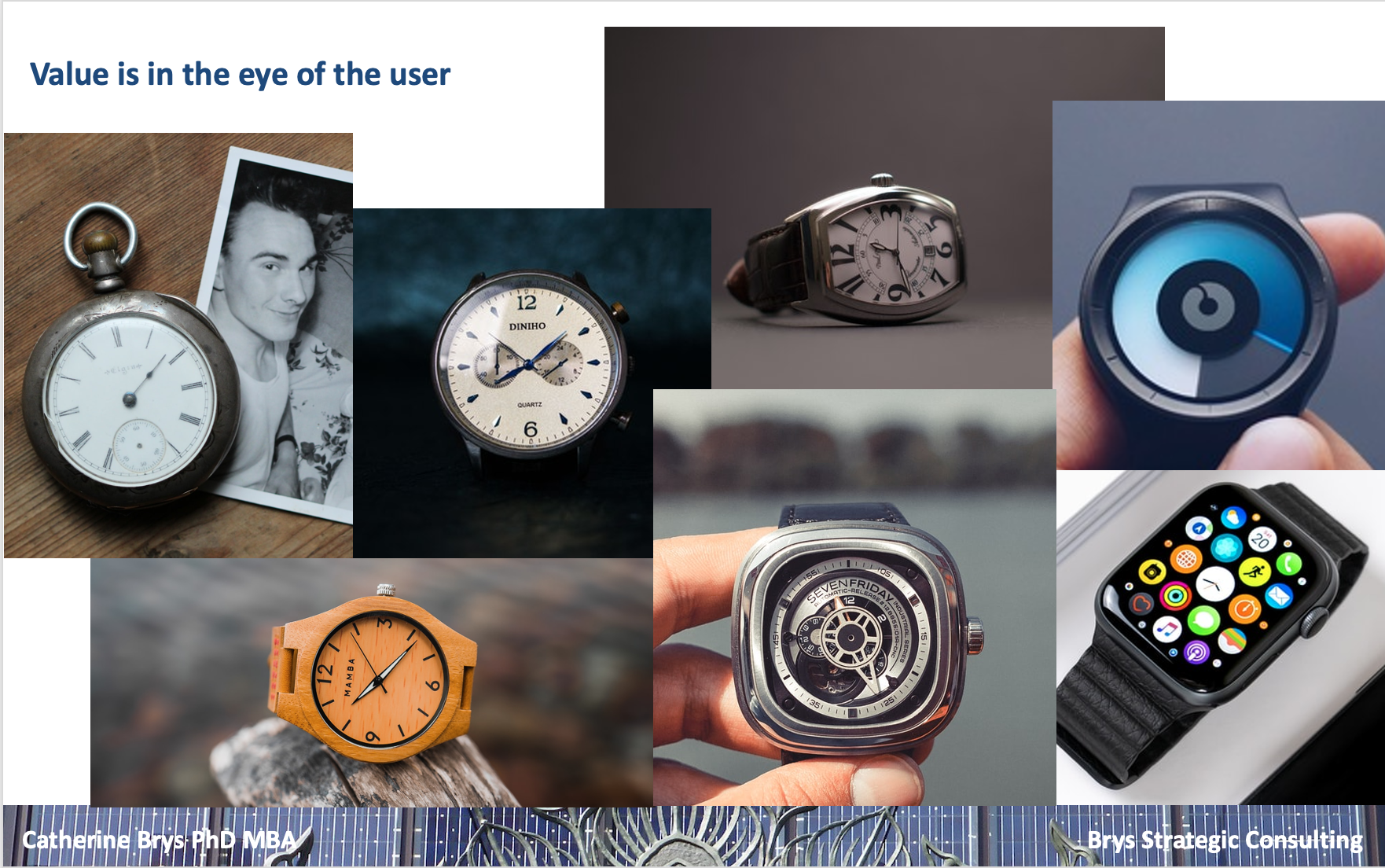 Collage of different types of watches, illustrating that value is in the eye of the service user